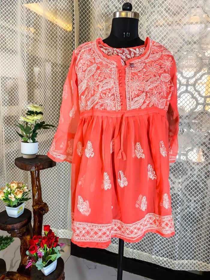 Coral Short Anarkali Chikankari Kurti – A Stylish Blend of Tradition and Modernity