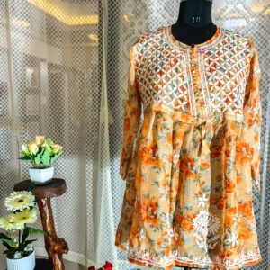 Orange Floral Short Anarkali Chikankari Kurti – A Fusion of Tradition and Elegance