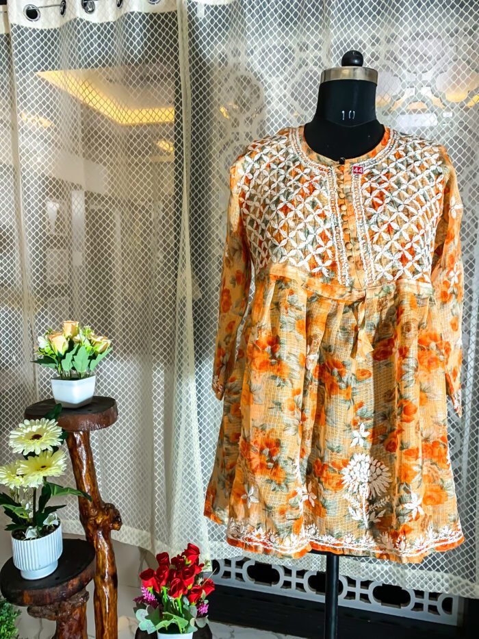 Orange Floral Short Anarkali Chikankari Kurti – A Fusion of Tradition and Elegance