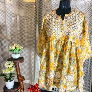 Yellow Floral Short Anarkali Chikankari Kurti – A Burst of Sunshine in Traditional Wear