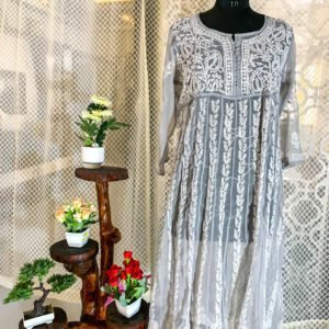 Grey Long Anarkalli Chikankari Kurti – Sophisticated and Timeless