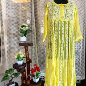 Yellow Long Anarkalli Chikankari Kurti – Graceful and Flowing