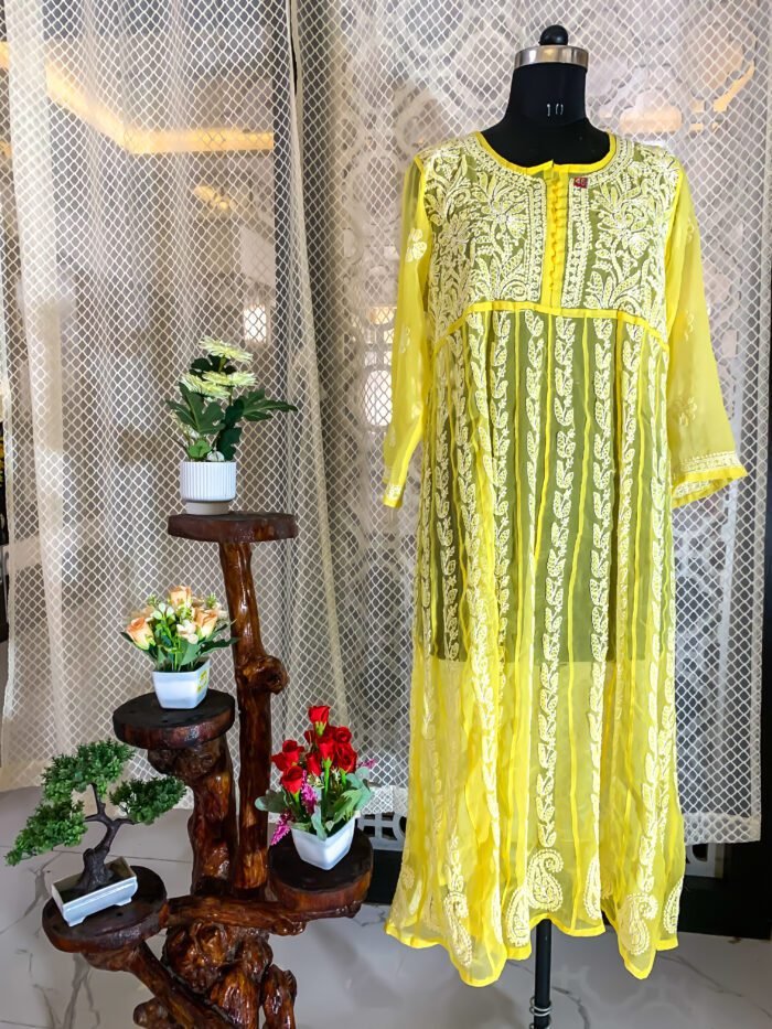 Yellow Long Anarkalli Chikankari Kurti – Graceful and Flowing